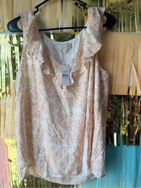 LOFT Peach Floral Ruffle V-Neck Sleeveless Top